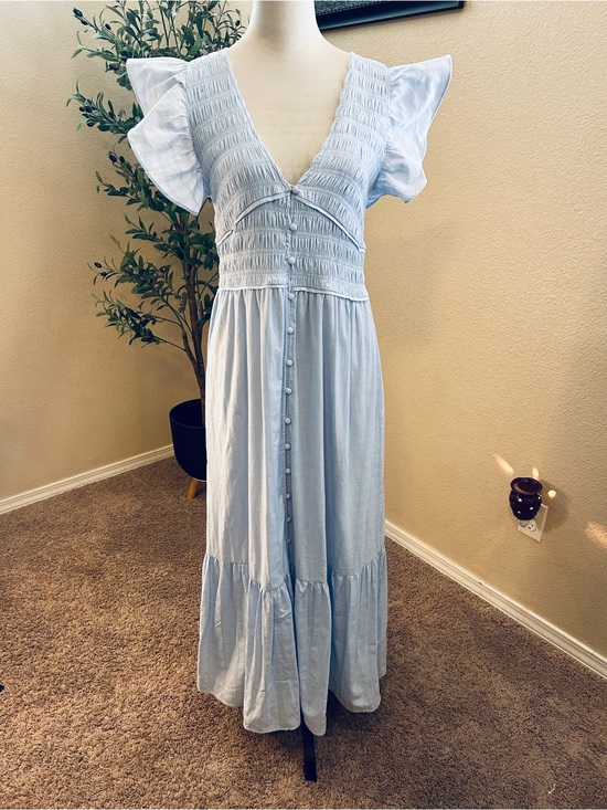 Altar'd State Dresses & Skirts - Altar'd State Bianca Button Up Maxi Dress Light Blue Smocked Cottage-core